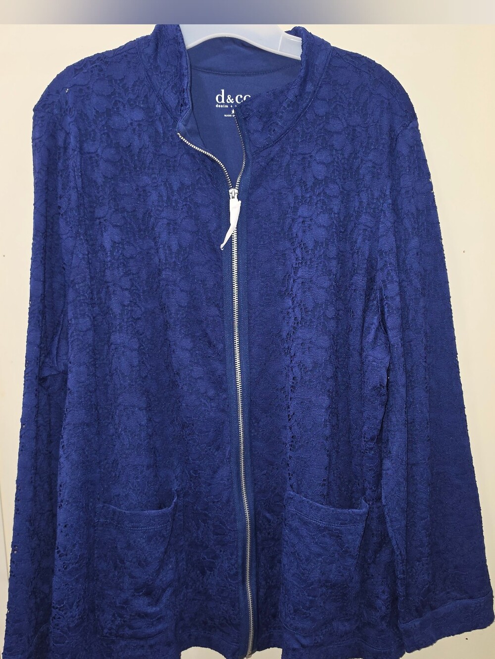 Denim & Co D&Co Navy Blue Floral Lace Zip Front Jacket Cardigan
